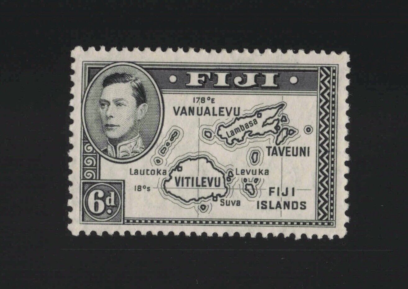 Fiji Sc #125 (1938) 6d Black King George Vi & Map W/o "180"  Mint Vf H