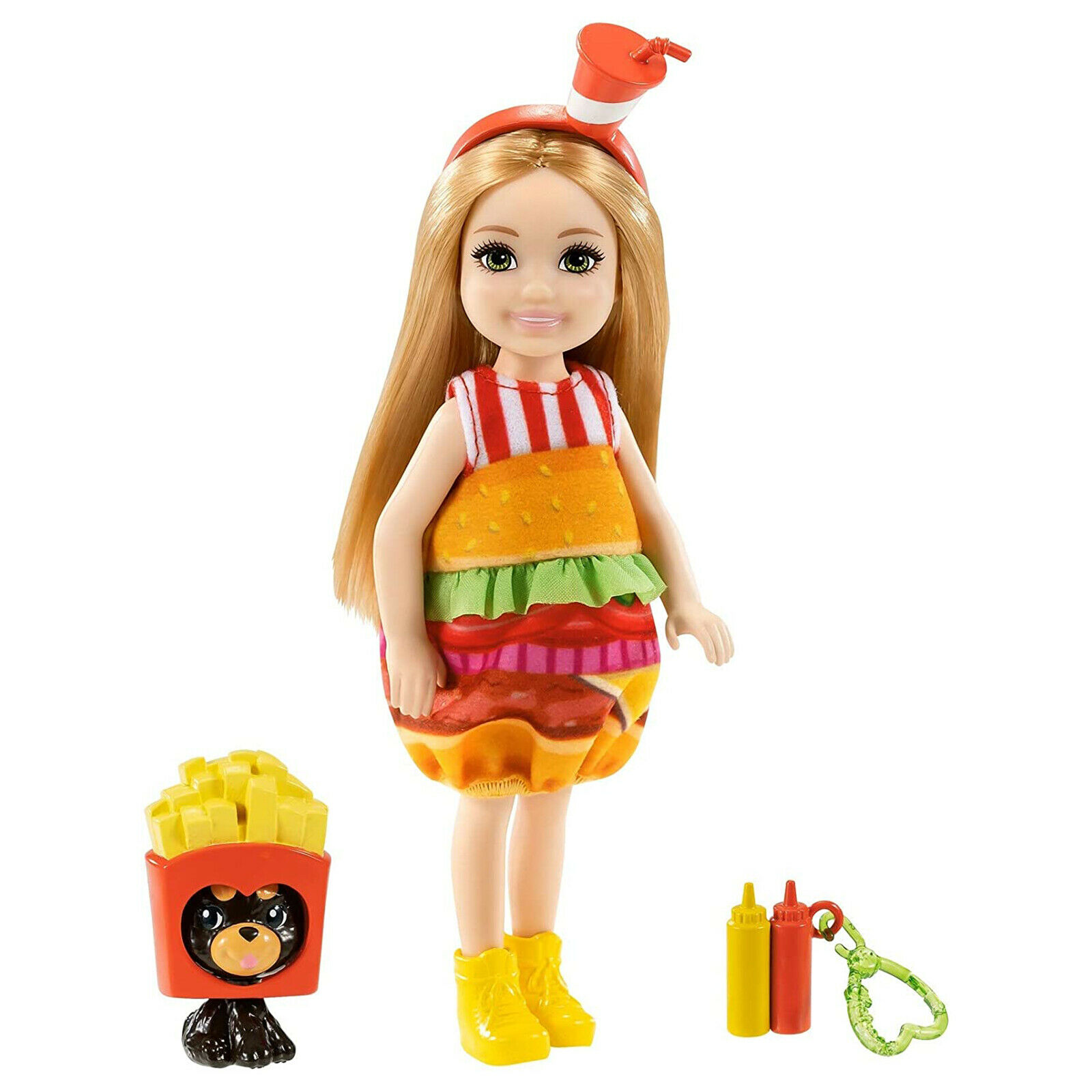Barbie Chelsea Club With Burger Costume And Pet Doll Set New In Stock