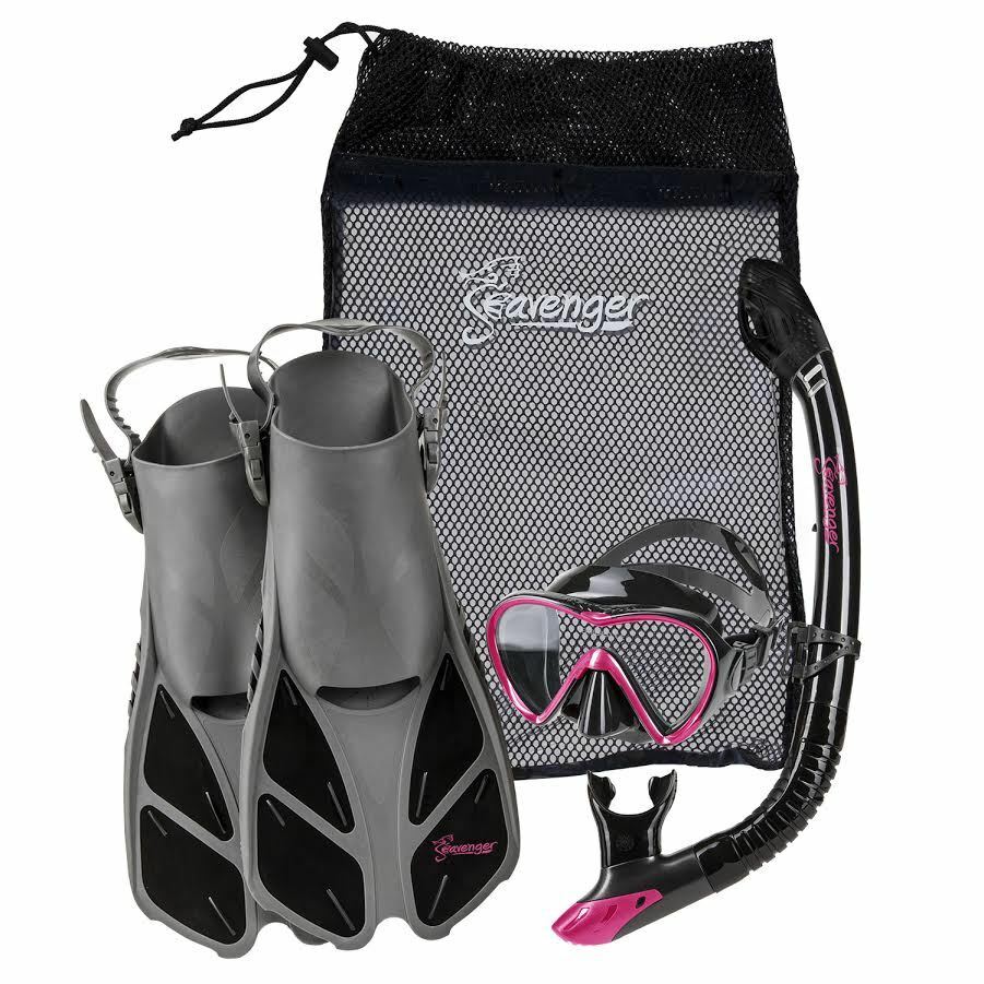 Used Seavenger Adults Kids Dry Top Snorkel Mask Fins Bag Travel Set
