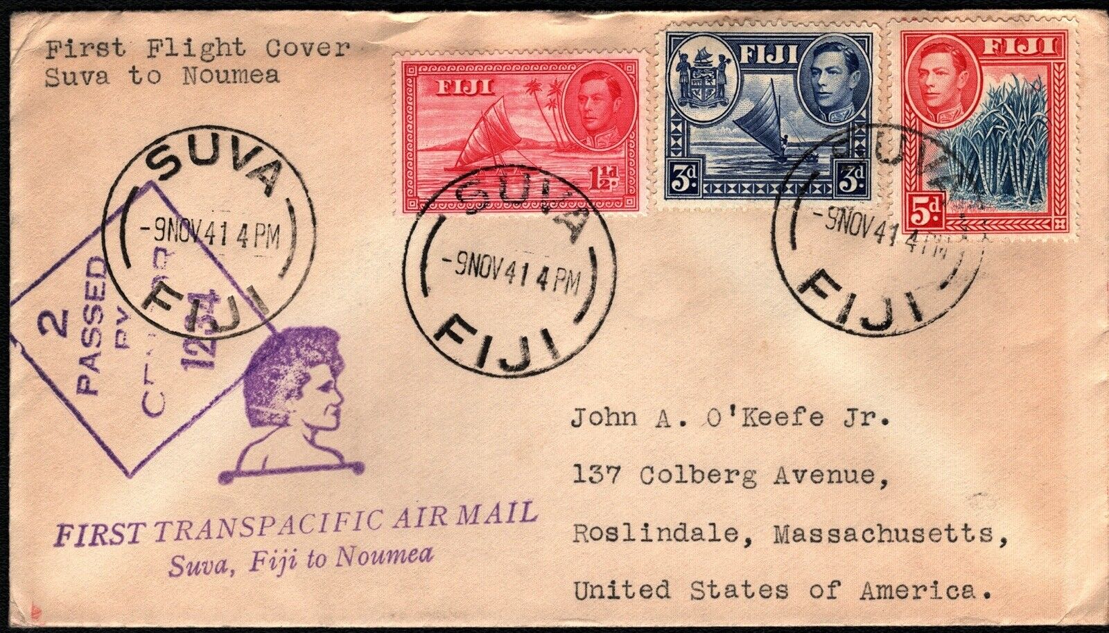1941 Suva Fiji Noumea New Caledonia First Flight Airmail Cover Ffc Censor Stamp